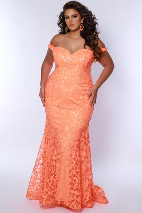 Full Length Dress with ILLusion NECK Orange Plus Size
