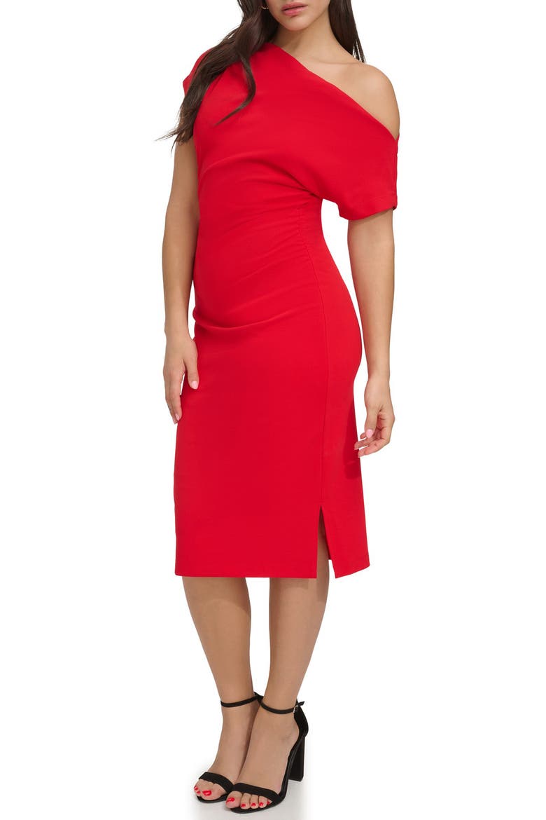 One-Shoulder Crepe Scuba Sheath Dress, Alternate, color, RED