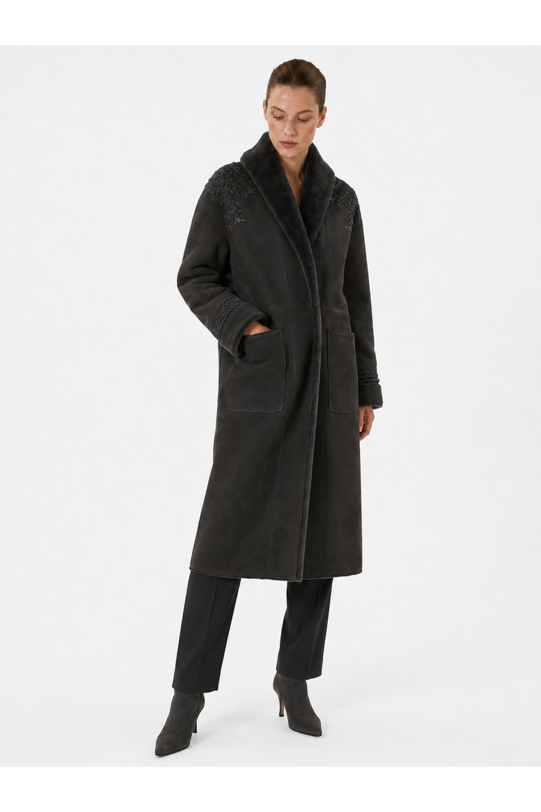 Ilda Long Merino Curly Shearling Coat with Embroidery, Alternate, color, Grigio