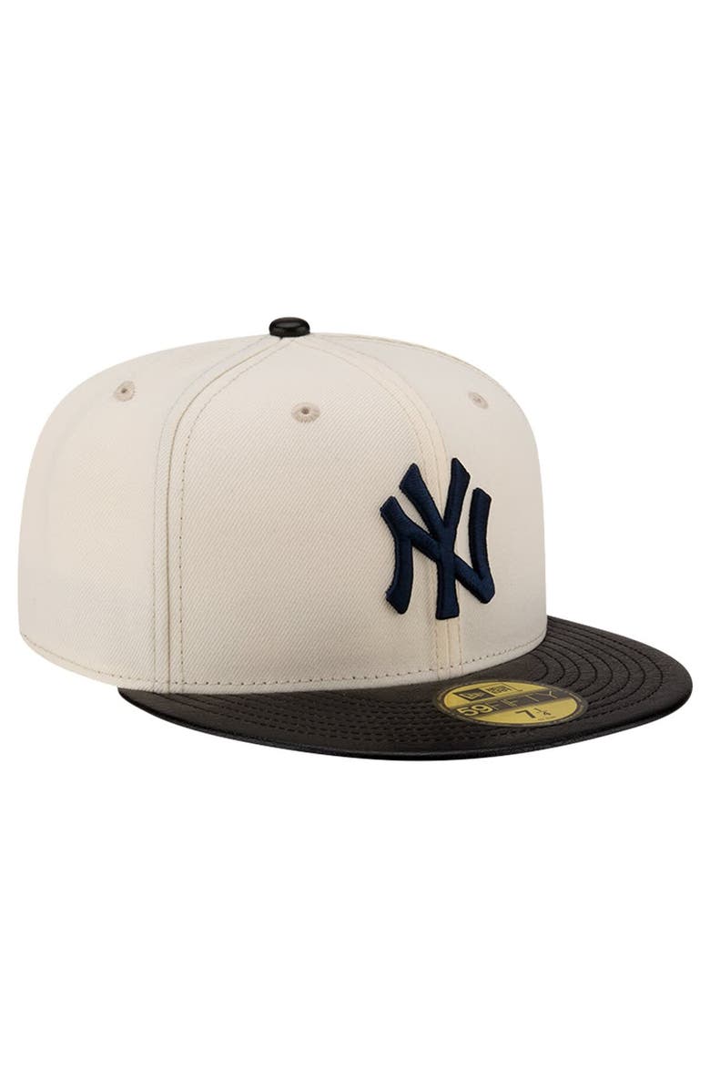 New Era Men's New Era Cream New York Yankees Game Night Leather Visor 59FIFTY Fitted Hat, Alternate, color,