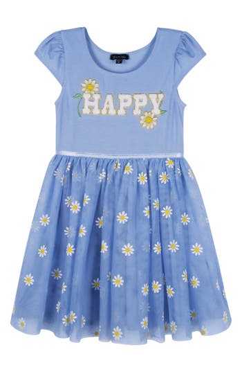 Zunie Kids' Happy Embroidered Tulle Dress In Blue