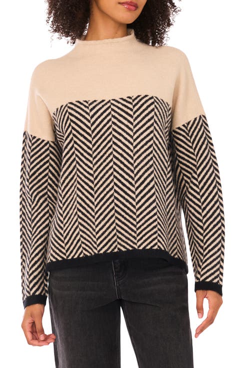 Herringbone Mock Neck Cotton Blend Sweater
