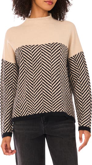 Herringbone Mock Neck Cotton Blend Sweater