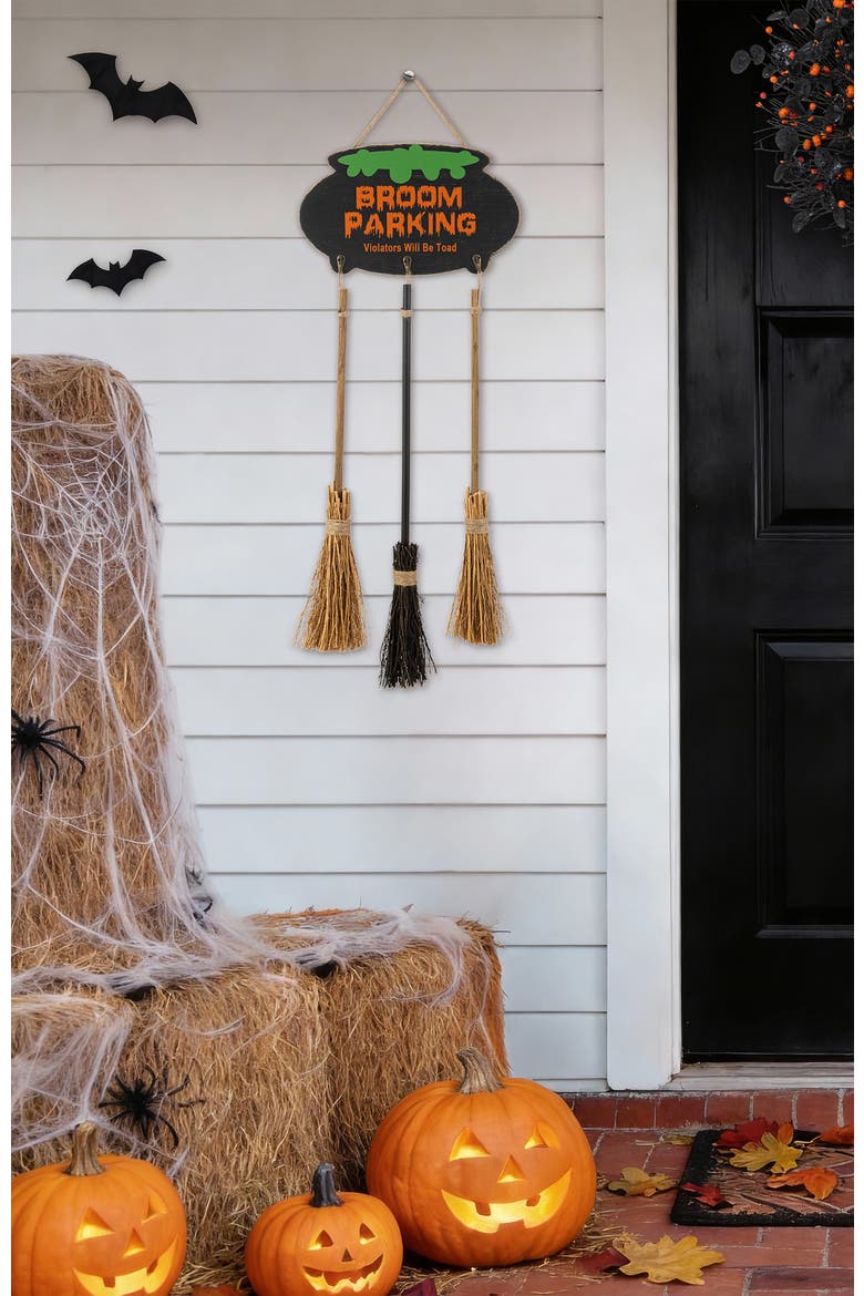 37"H Halloween Wooden Cauldron and Broom Porch Decor, Alternate, color, Black