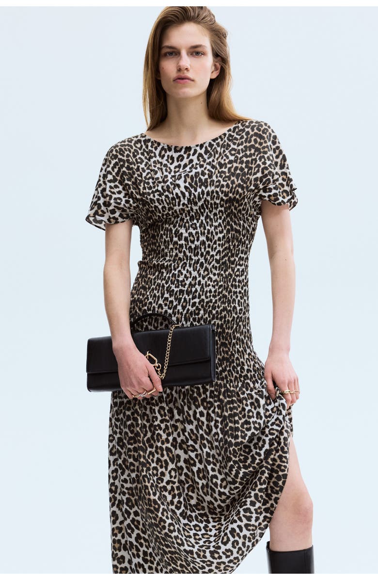 H&M Smocked-detail Dress, Alternate, color, Light Beige/Leopard Print