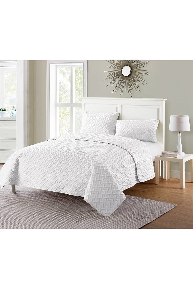 Nina Embossed Basketweave Quilt Set - Full/Queen, Alternate, color, WHITE