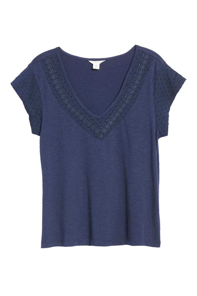 Embroidered Neck Short Sleeve Cotton Blend Top, Alternate, color, NAVY PEACOAT