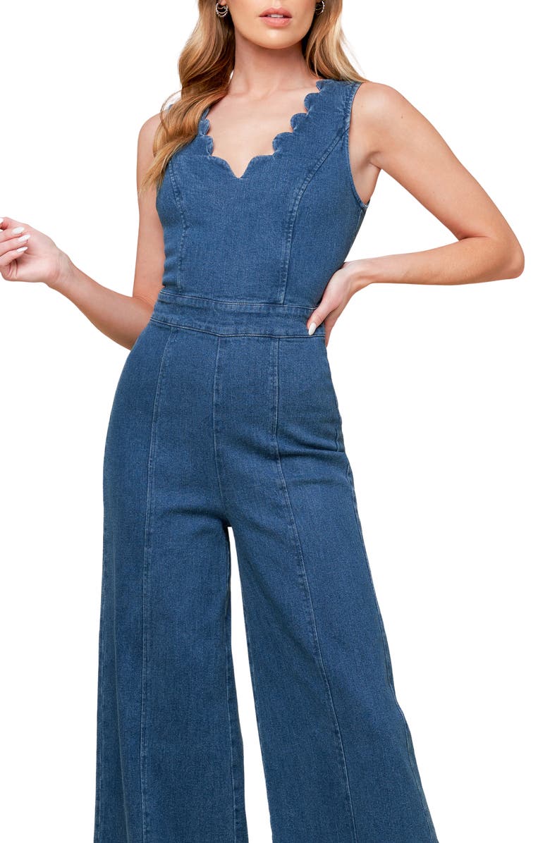 FLYING TOMATO Scallop Wide Leg Denim Jumpsuit, Alternate, color,