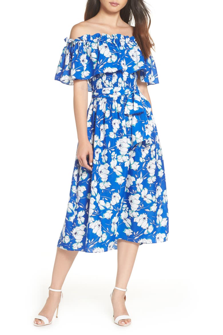 Eliza Off the Shoulder Midi Dress, Main, color, COBALT