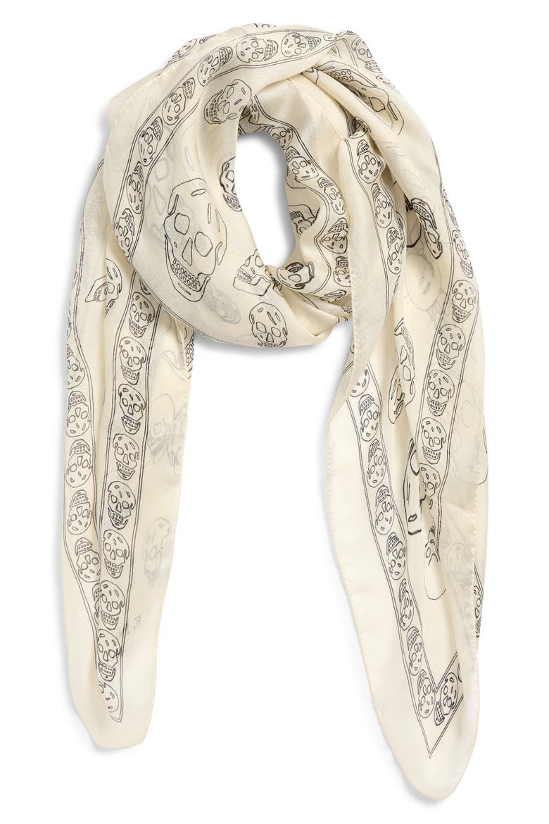 Hand Painted Skull Silk Chiffon Square Scarf, Alternate, color, IVORY/ BLACK