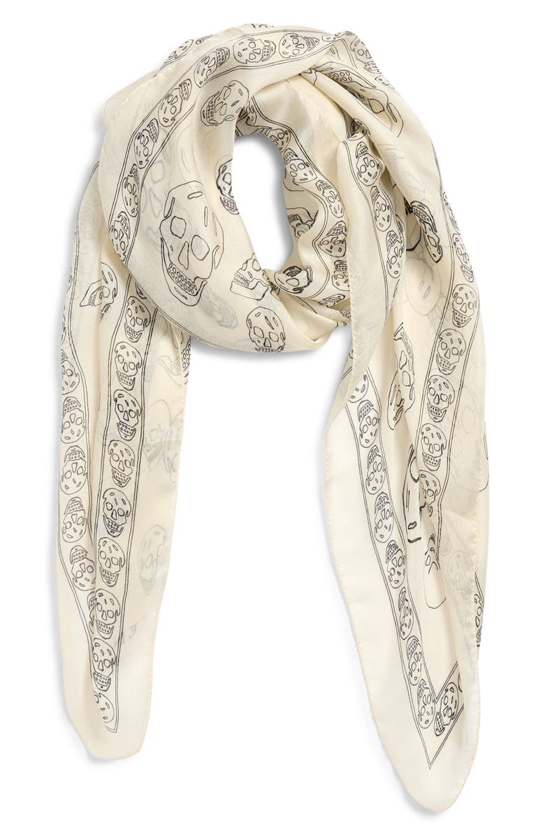 McQueen Hand Painted Skull Silk Chiffon Square Scarf, Alternate, color, Ivory/ Black