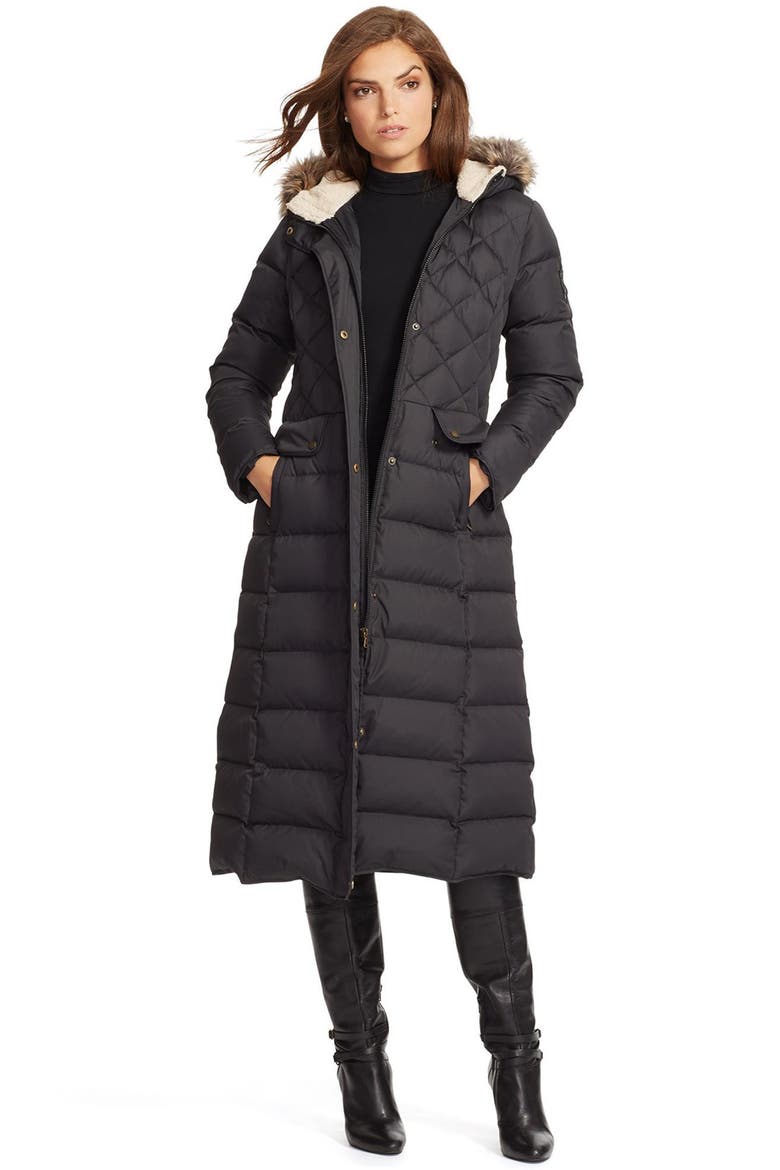 Faux Fur Trim Hooded Long Down & Feather Fill Coat, Main, color, BLACK