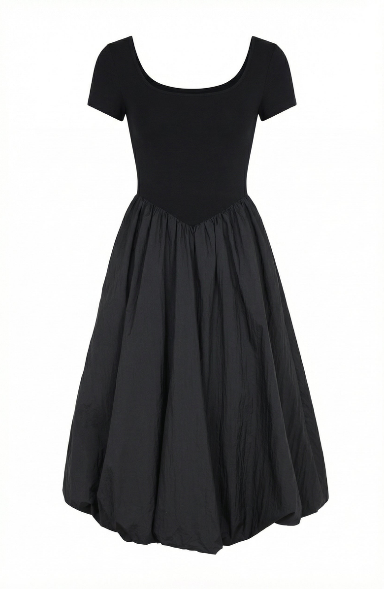 Modenaire Short Sleeve Bubble Hem Midi Dress, Alternate, color, Black