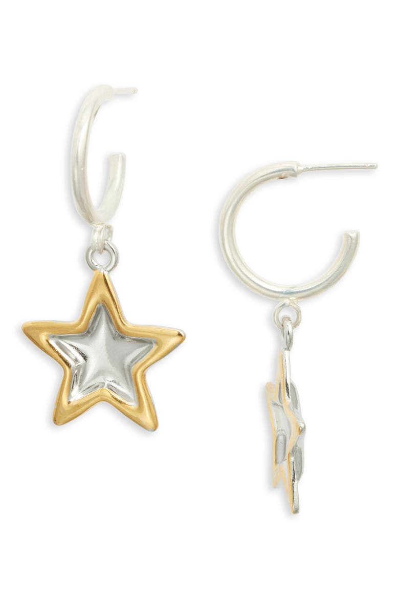 Duotone Star Charm Hoop Earrings, Main, color, SILVER