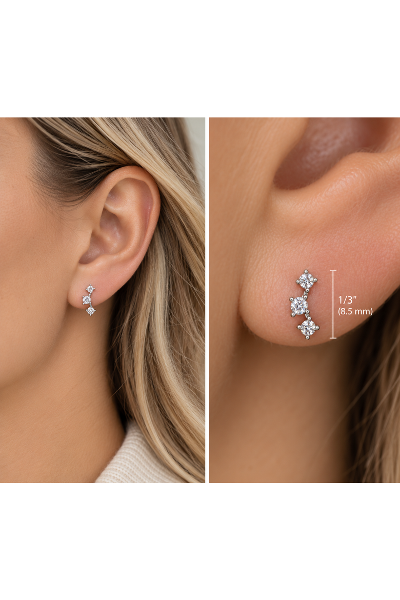 1/5Ct TW 3-Stone Diamond Crawler Earrings 14k Gold Studs Lab Grown 1/3" Tall, Main, color, 14k Yellow Gold