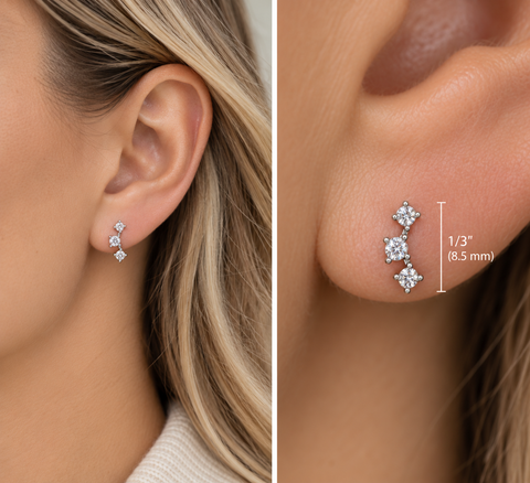 1/5Ct TW 3-Stone Diamond Crawler Earrings 14k Gold Studs Lab Grown 1/3" Tall