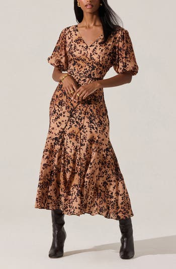 ASTR the Label Lavena Leopard Puff Sleeve Midi Dress Nordstrom