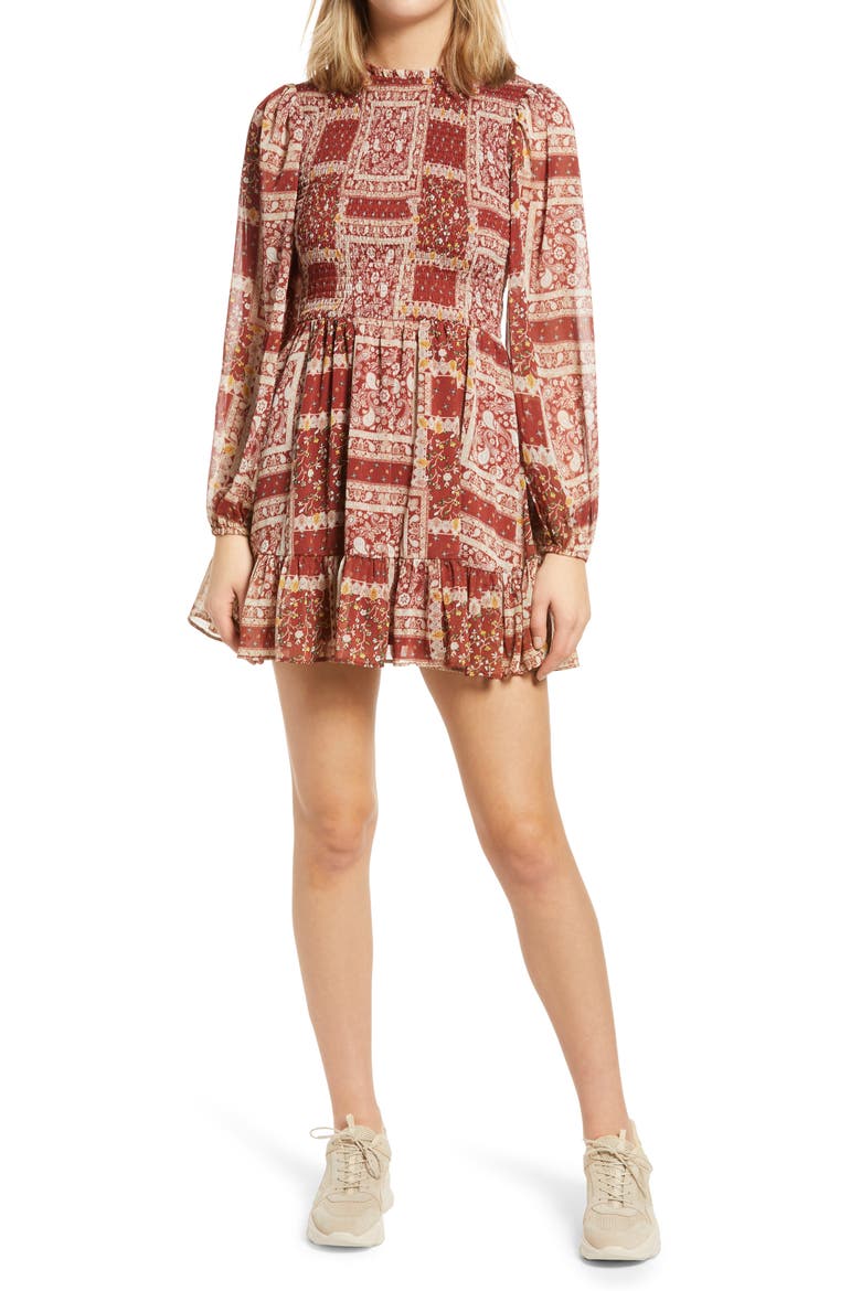 Patchwork Smocked Long Sleeve Minidress, Main, color, RUST