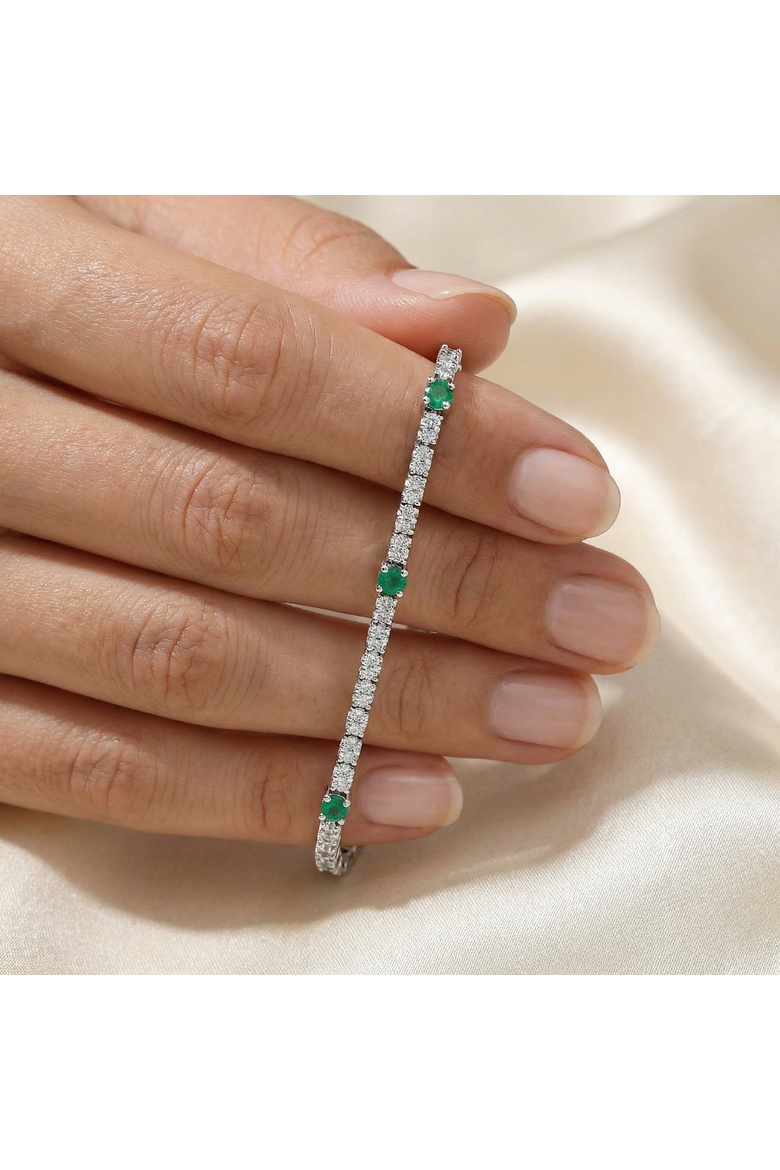 1 1/10 Ct Diamond & Green Emerald Tennis Bracelet 14k Gold 7" Lab Grown, Alternate, color, 14k White Gold