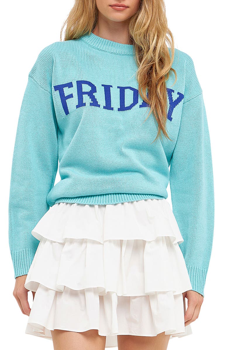 English Factory Weekday Motif Sweater, Main, color, Aqua