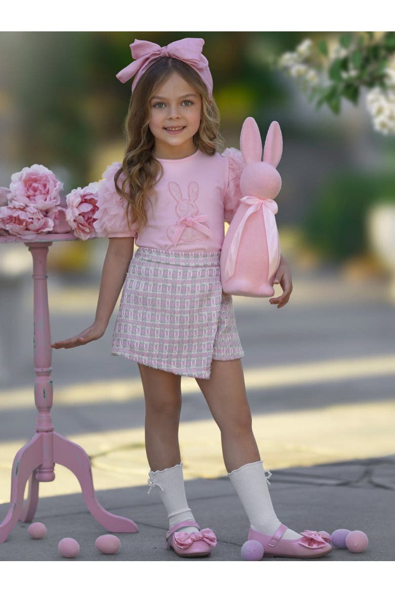 Girls  Bunny Puff Sleeve Top and Tweed Skort Set, Alternate, color, Pink