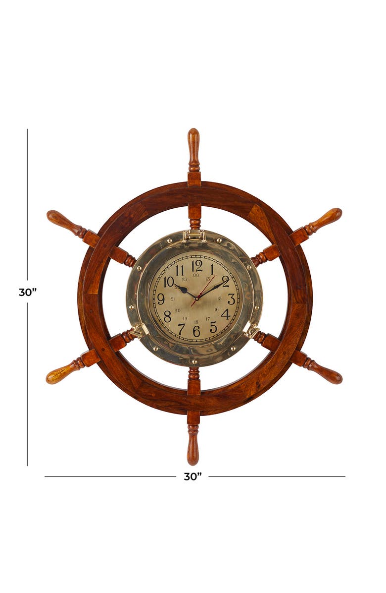 WILLOW ROW Goldtone Wood Ship wheel Sail Boat Wall Clock, Alternate, color, 