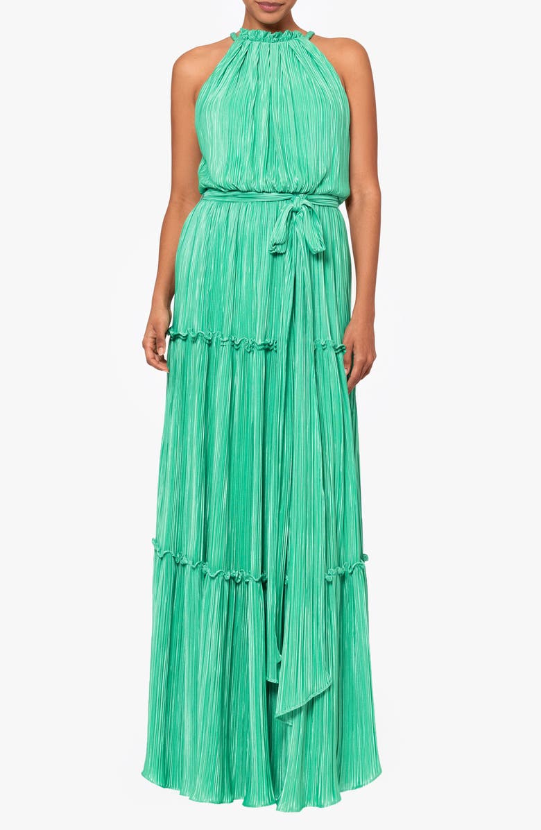 Betsy & Adam Plissé Tie Waist Tiered Gown, Main, color,