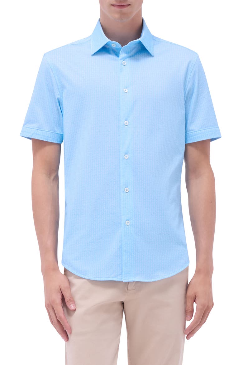 Miles OoohCotton® Bowling Pin Print Short Sleeve Button-Up Shirt, Main, color, ICE