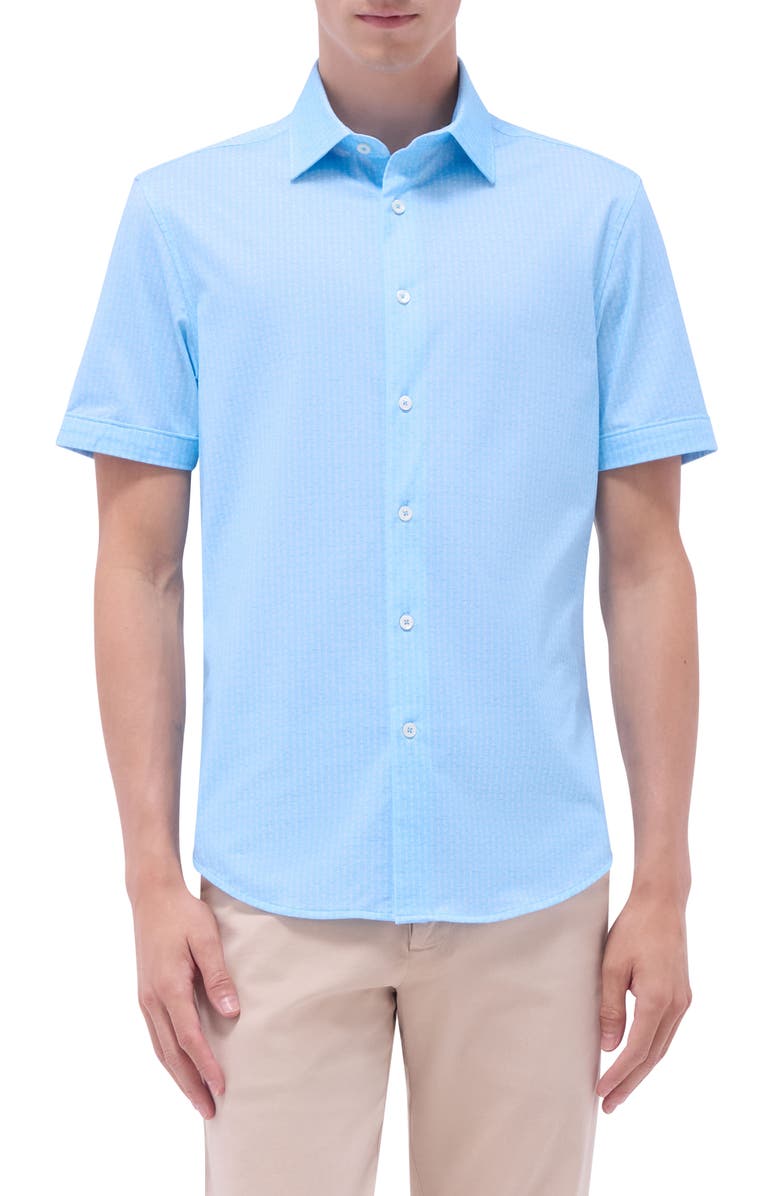 Bugatchi Miles OoohCotton<sup>®</sup> Bowling Pin Print Short Sleeve Button-Up Shirt, Main, color, Ice