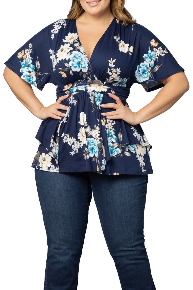 Encore Print Faux Wrap Top, Main, color, NAVY FLORAL PRINT