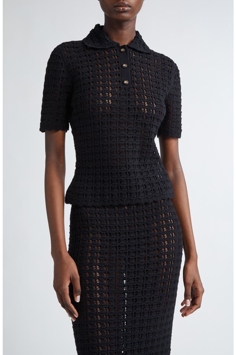 Lace Stitch Virgin Wool Polo Sweater, Main, color, N0000 NERO