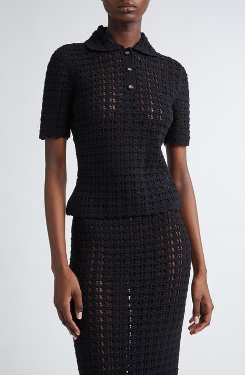 Lace Stitch Virgin Wool Polo Sweater