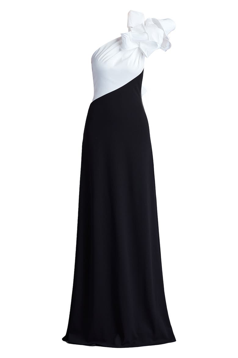Flower One-Shoulder Gown, Alternate, color, IVORY/ BLACK