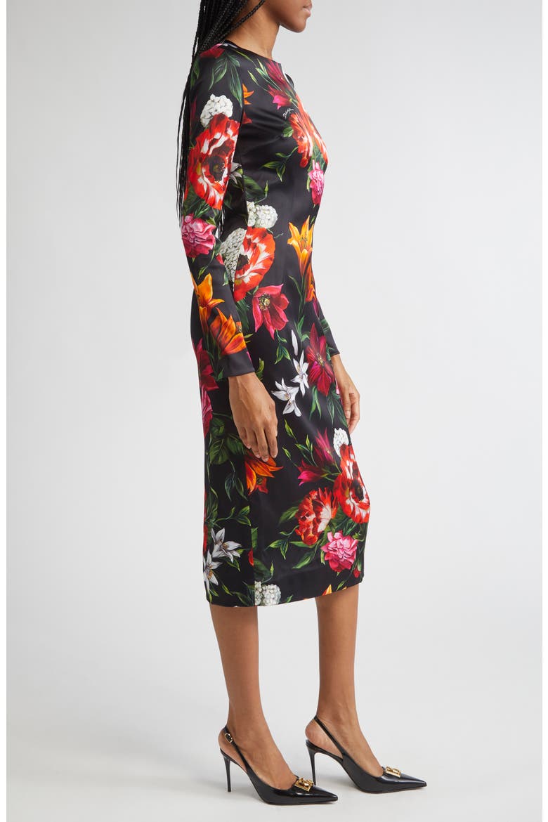 Floral Print Long Sleeve Satin Sheath Dress, Alternate, color, HN5PB ANEMONI GIGLI F.NERO