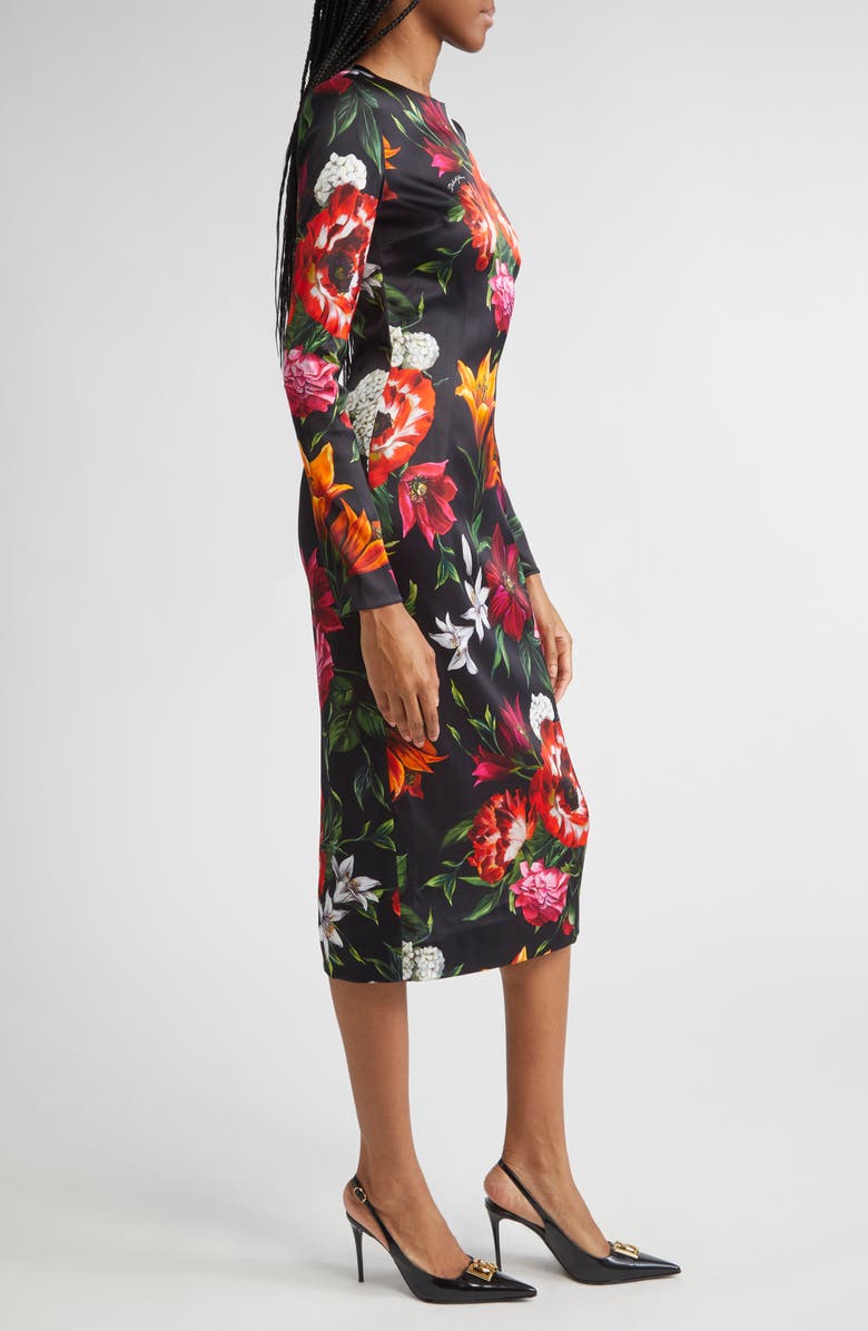 Dolce&Gabbana Floral Print Long Sleeve Satin Sheath Dress, Alternate, color, Hn5pb Anemoni Gigli F.nero