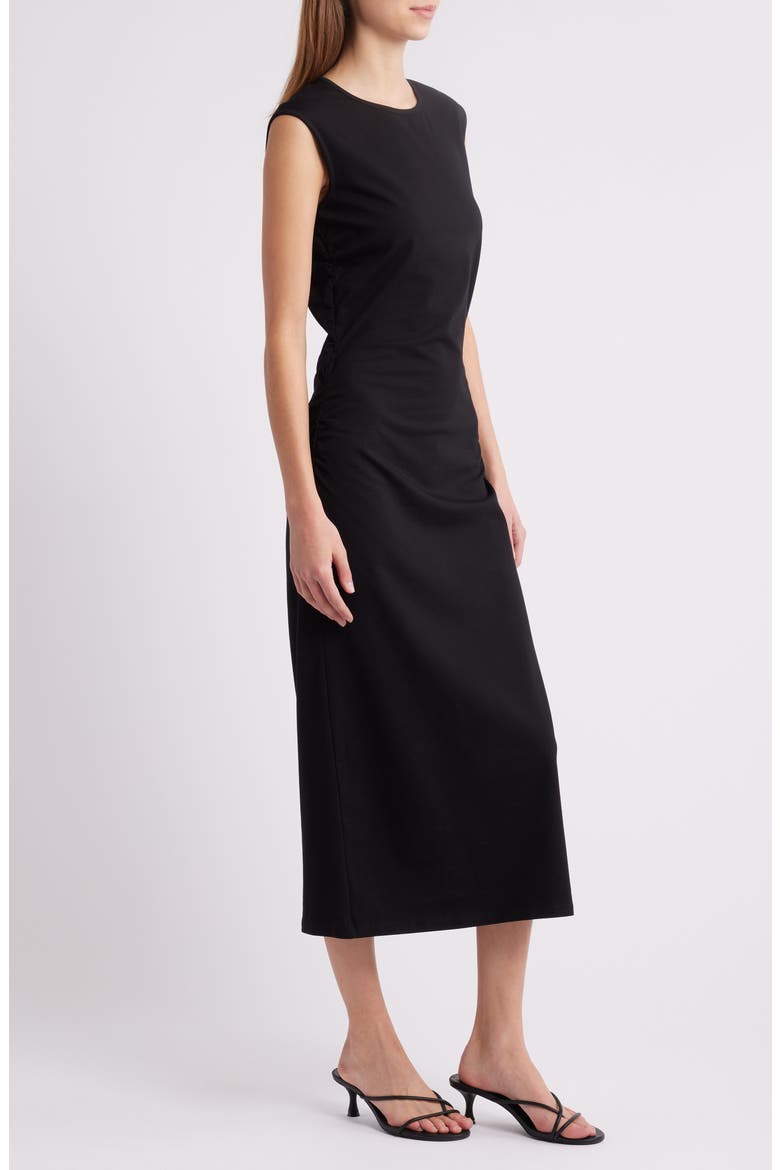 Ruched Sleeveless Stretch Cotton Midi Dress, Alternate, color, BLACK