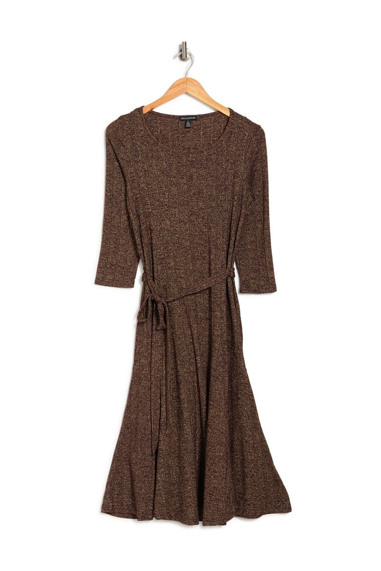 Three-Quarter Sleeve A-Line Metallic Ribbed Midi Dress, Alternate, color, WINE/GOLD
