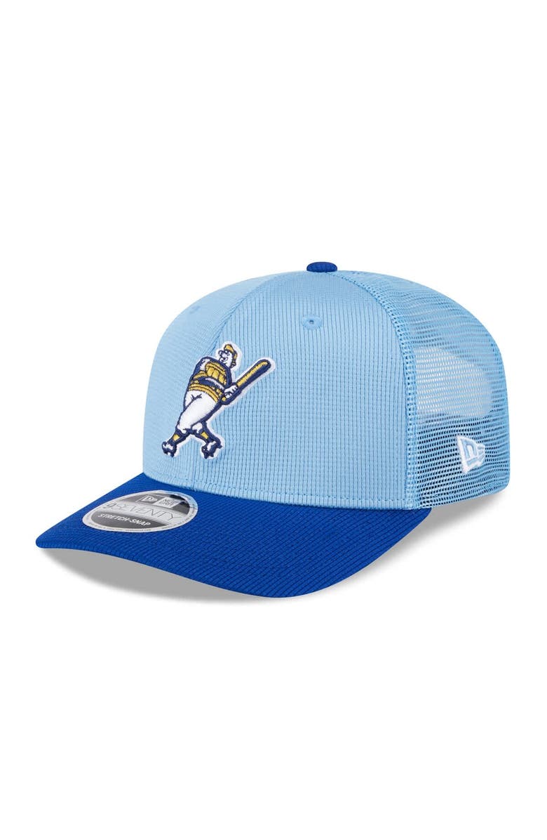 New Era Men's New Era Light Blue/Royal Milwaukee Brewers 2025 Batting Practice 9SEVENTY Stretch-Snap Trucker Hat, Main, color,