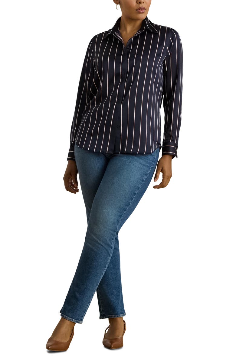 Lauren Ralph Lauren Classic Stripe Charmeuse Button-Up Shirt, Alternate, color, Navy/ Cream/ Garnet