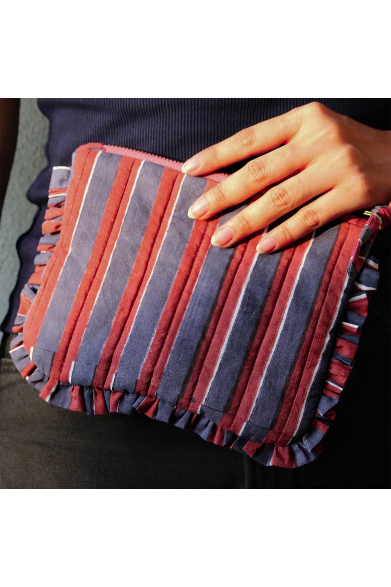 Handcrafted Quilted Cotton Travel Pouch with Frill Trim, Alternate, color, Red and Blue Stripes