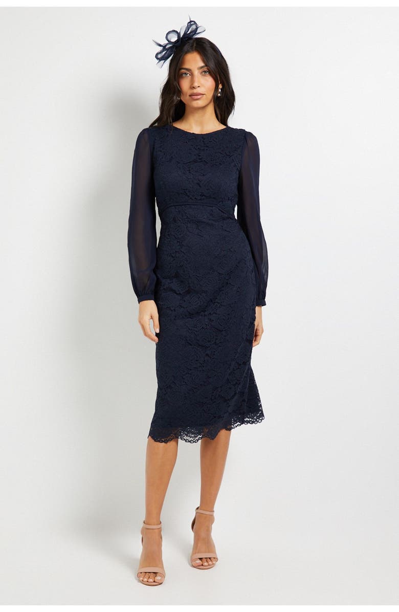 Wallis Lace Chiffon Cowl Back Pencil Dress, Main, color, Navy