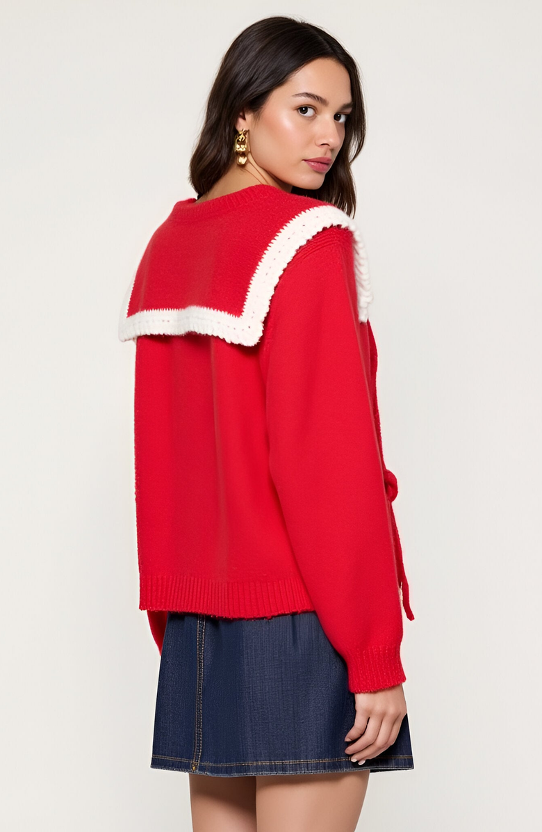 Modenaire Ruffle Collar Knit Sweater with Tie-Front Closures and Contrast Trim, Alternate, color, Red