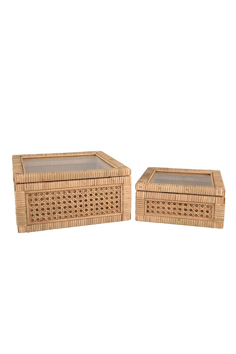 Woven Wood and Rattan Display Boxes with Glass Lids, Natural, Set of 2, Alternate, color, Natural