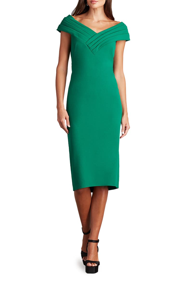 Pleated Cap Sleeve Crepe Sheath Dress, Main, color, BAMBOO