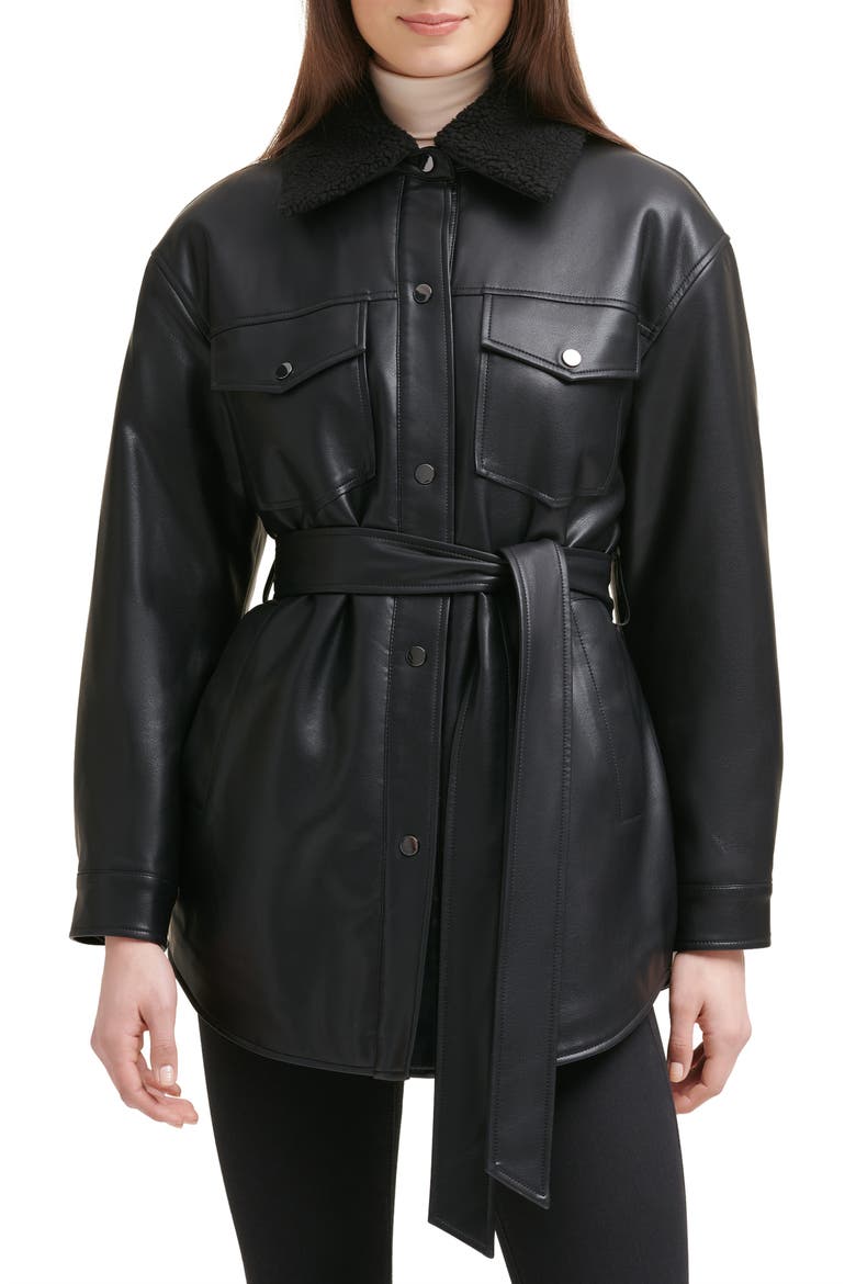 Belted Faux Leather Shirt Jacket with Faux Shearling Lining, Main, color, BLACK
