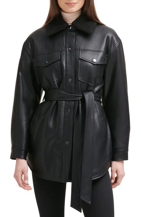 Belted Faux Leather Shirt Jacket with Faux Shearling Lining