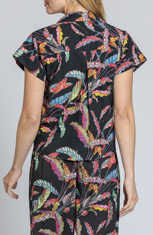 Apny Leaf Print Tie Waist Cotton Camp Shirt In Black Multi
