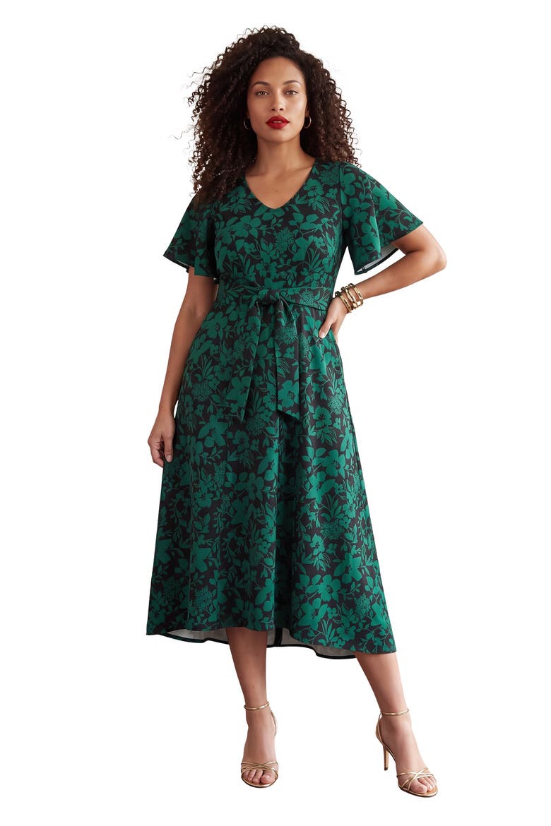 Plus Size Flutter Sleeve V Neck Fit And Flare Bi Stretch Maxi Dress, Main, color, EMERALD MISTY GARDEN