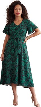 Roaman's Plus Size Flutter Sleeve V Neck Fit And Flare Bi Stretch Maxi Dress