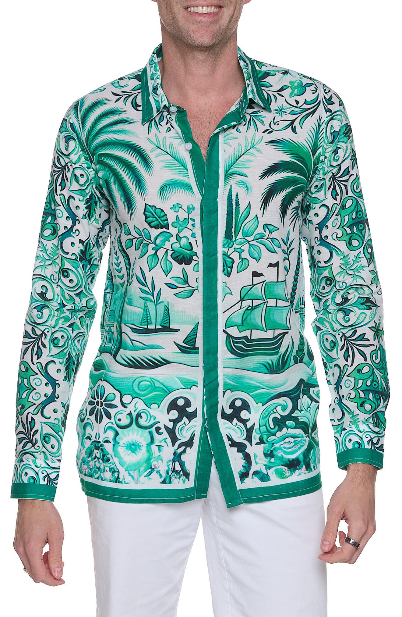 RANEES Extra Trim Fit Print Linen & Cotton Button-Up Resort Shirt